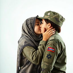 A striking image of a Palestinian hijabi girl and an Israeli army girl sharing a tender kiss, embracing the beauty of unity and love amidst conflict