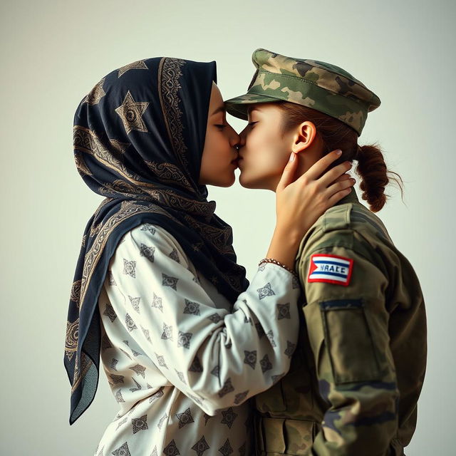 A striking image of a Palestinian hijabi girl and an Israeli army girl sharing a tender kiss, embracing the beauty of unity and love amidst conflict