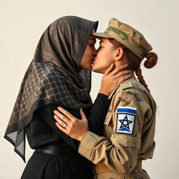 A striking image of a Palestinian hijabi girl and an Israeli army girl sharing a tender kiss, embracing the beauty of unity and love amidst conflict