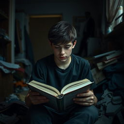 A teenage boy sitting in a dimly lit room, surrounded by clutter and the remnants of a chaotic home life, trying to focus on a book in his hands