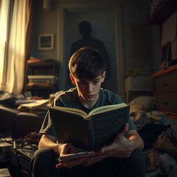 A teenage boy sitting in a dimly lit room, surrounded by clutter and the remnants of a chaotic home life, trying to focus on a book in his hands