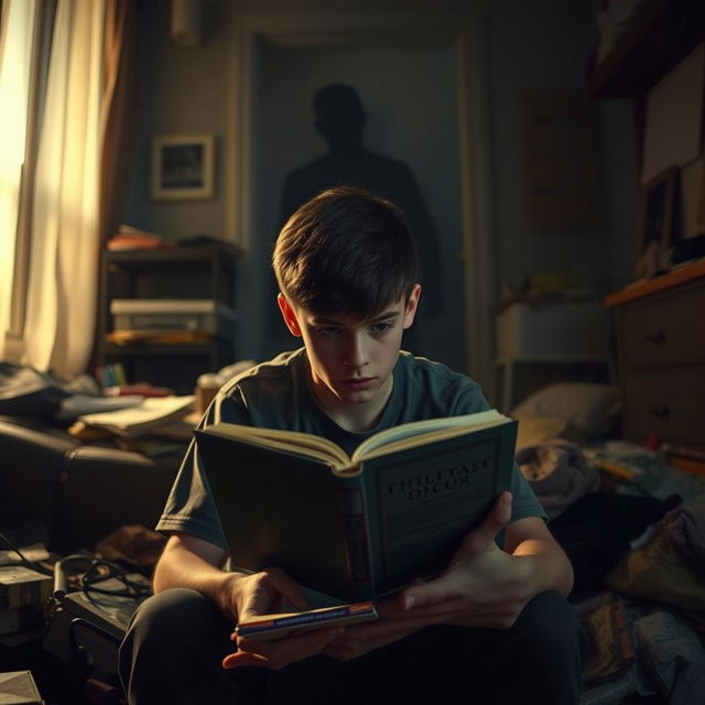 A teenage boy sitting in a dimly lit room, surrounded by clutter and the remnants of a chaotic home life, trying to focus on a book in his hands