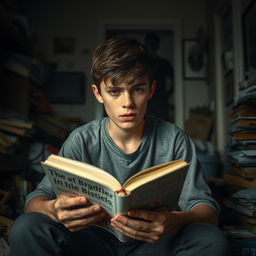 A teenage boy sitting in a dimly lit room, surrounded by clutter and the remnants of a chaotic home life, trying to focus on a book in his hands