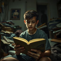 A teenage boy sitting in a dimly lit room, surrounded by clutter and the remnants of a chaotic home life, trying to focus on a book in his hands