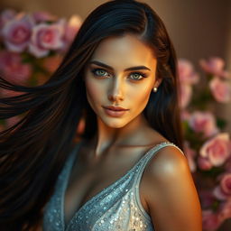 A striking portrait of a beautiful young woman with long, flowing black hair and captivating green eyes