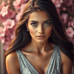 A striking portrait of a beautiful young woman with long, flowing black hair and captivating green eyes