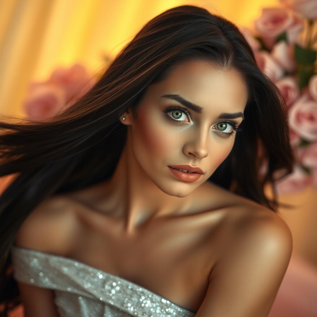 A striking portrait of a beautiful young woman with long, flowing black hair and captivating green eyes