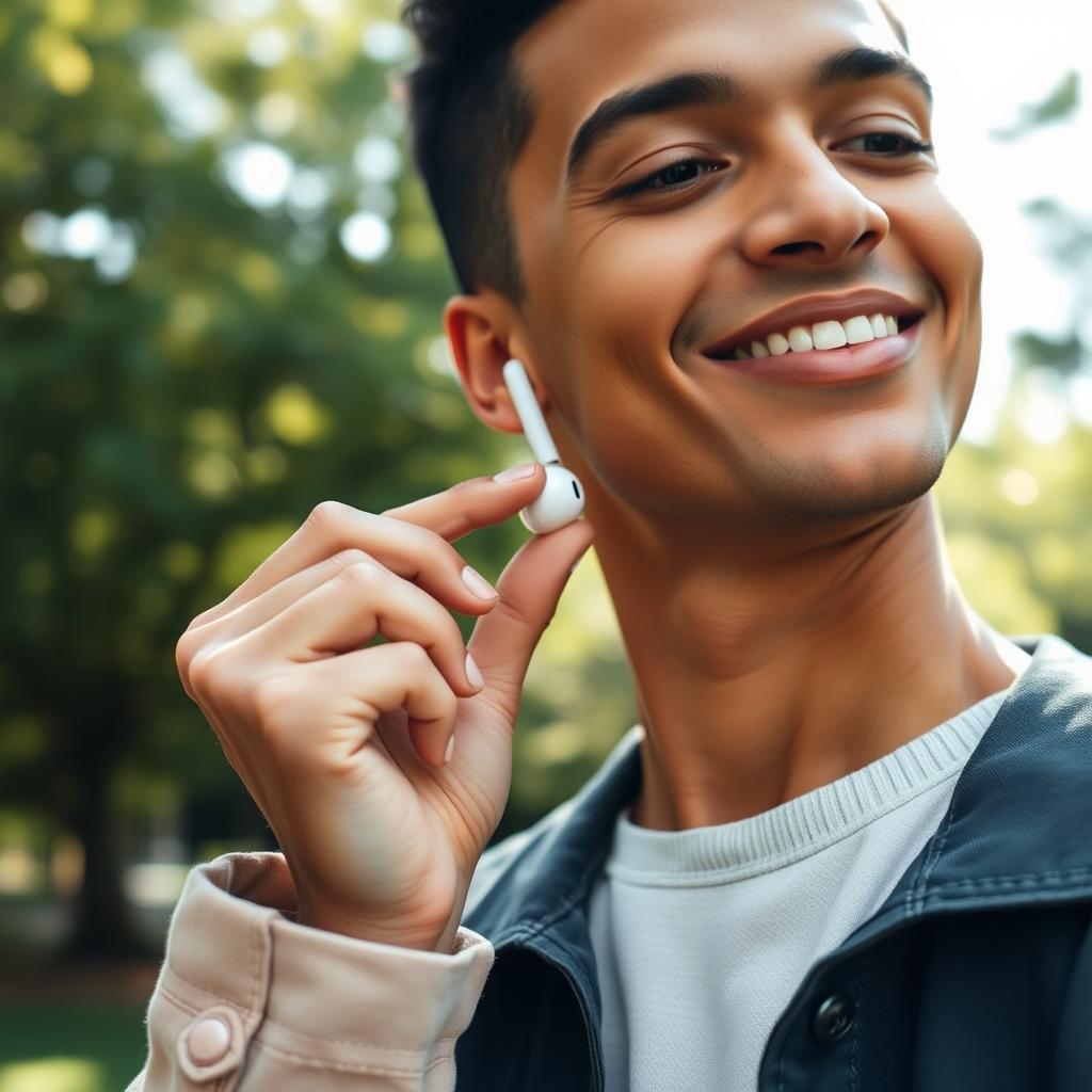 A close-up image of a person in a casual stylish outfit gently removing a pair of AirPods from their ear