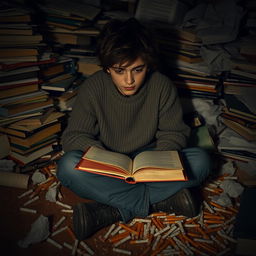 A teenager sitting in a cluttered room surrounded by scattered cigarettes on the floor, deeply focused on reading a book