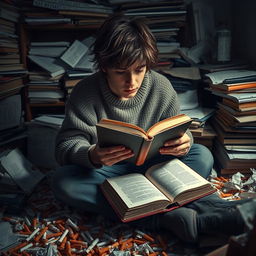 A teenager sitting in a cluttered room surrounded by scattered cigarettes on the floor, deeply focused on reading a book