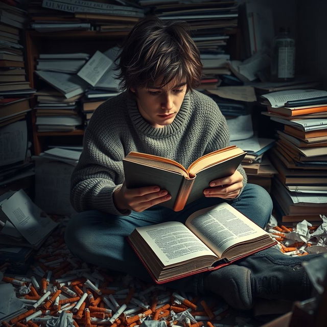 A teenager sitting in a cluttered room surrounded by scattered cigarettes on the floor, deeply focused on reading a book