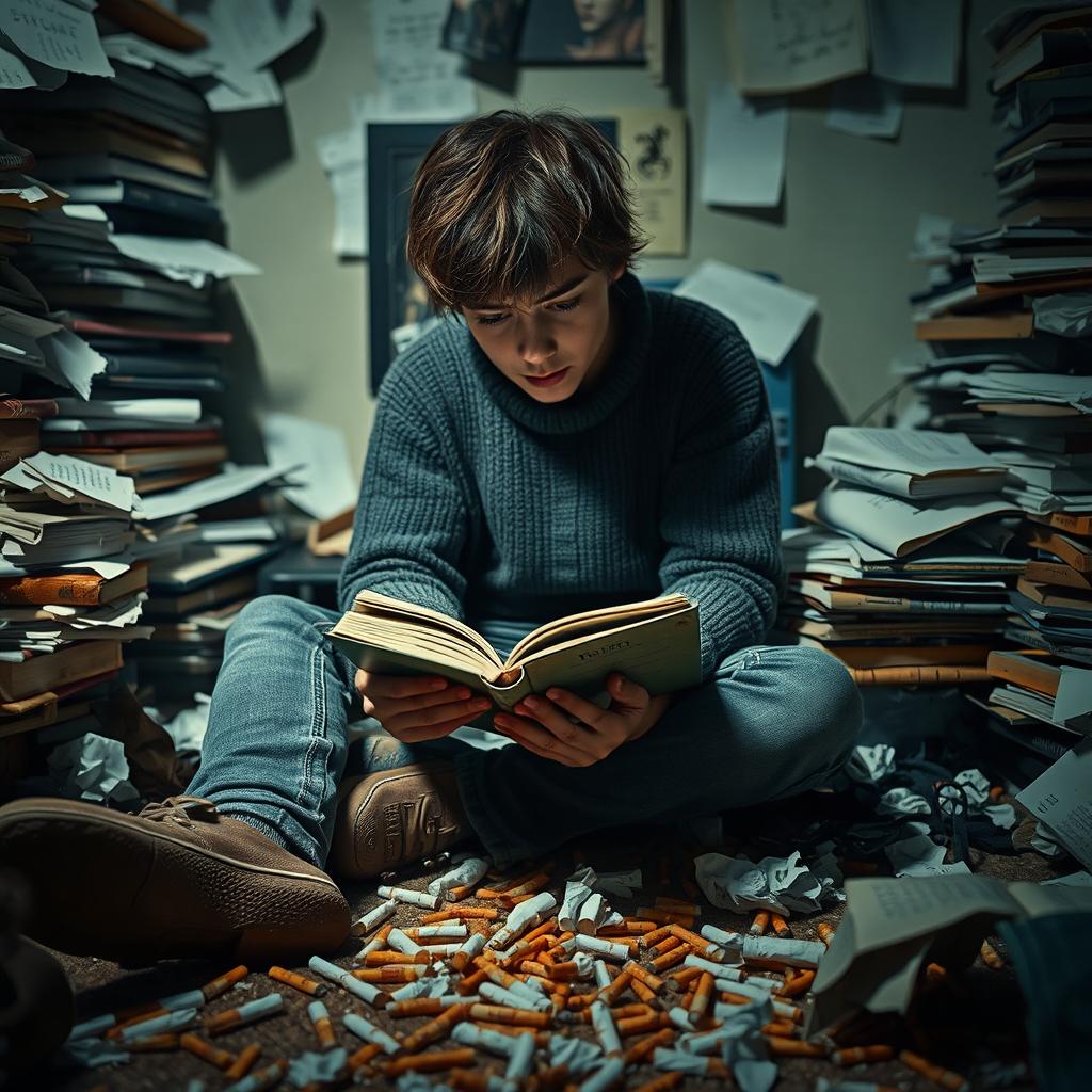 A teenager sitting in a cluttered room surrounded by scattered cigarettes on the floor, deeply focused on reading a book