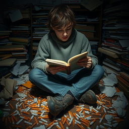 A teenager sitting in a cluttered room surrounded by scattered cigarettes on the floor, deeply focused on reading a book