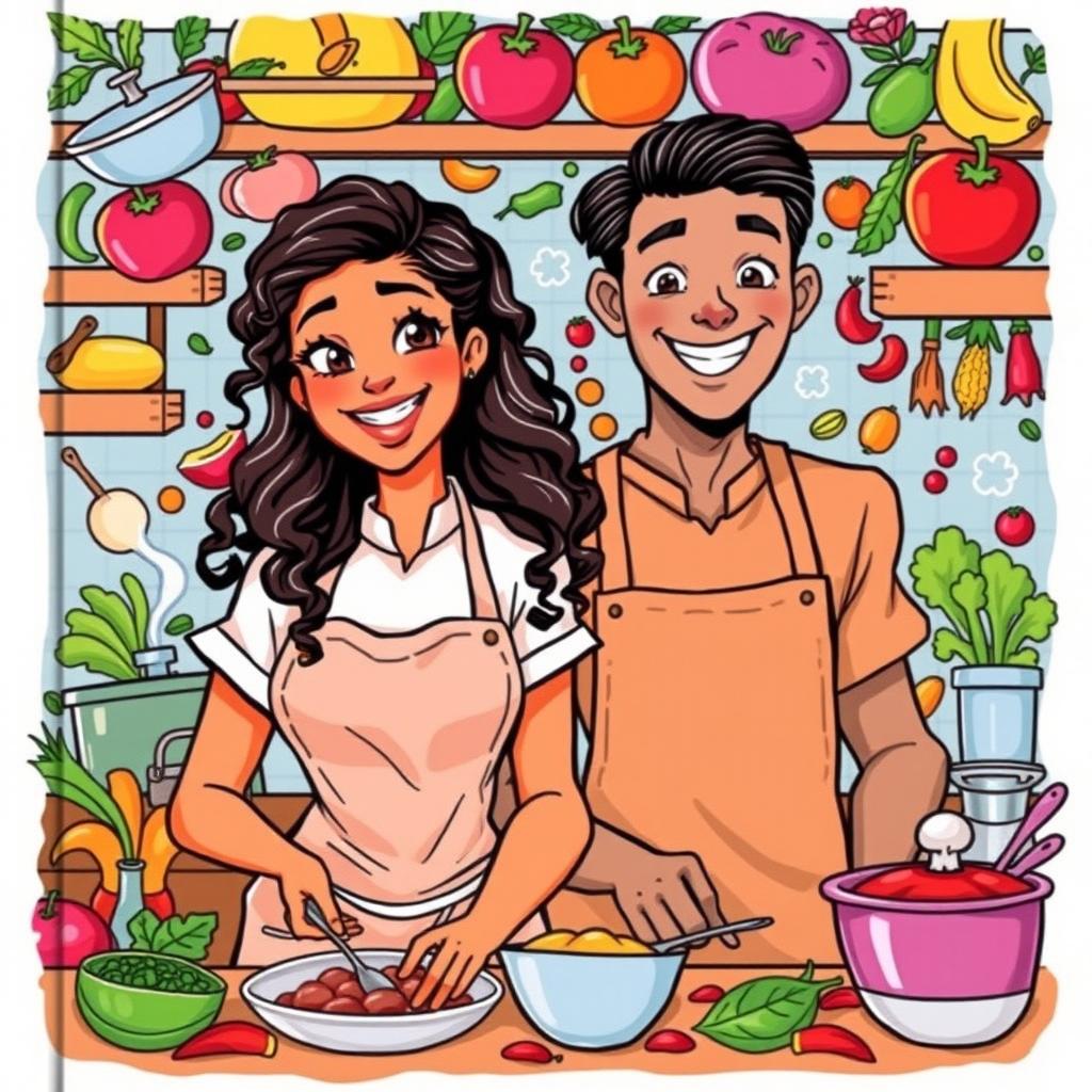 A vibrant and engaging cover illustration featuring a woman with medium brown skin, long straight hair with curly ends, and a man who is taller, with straight black hair