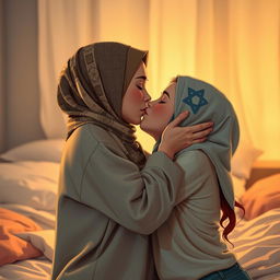 An intimate and artistic depiction of a Palestinian hijabi girl and an Israeli girl sharing a loving kiss in a softly lit bedroom