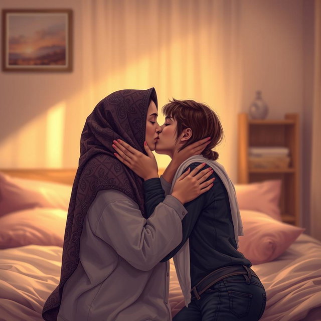 An intimate and artistic depiction of a Palestinian hijabi girl and an Israeli girl sharing a loving kiss in a softly lit bedroom