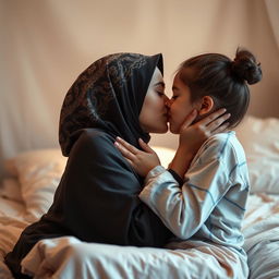 An intimate and artistic depiction of a Palestinian hijabi girl and an Israeli girl sharing a loving kiss in a softly lit bedroom