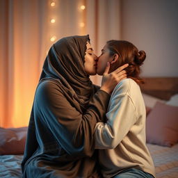 An intimate and artistic depiction of a Palestinian hijabi girl and an Israeli girl sharing a loving kiss in a softly lit bedroom
