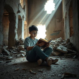 A young person sitting in a dilapidated ruin, surrounded by broken walls and debris