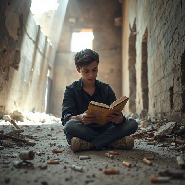 A young person sitting in a dilapidated ruin, surrounded by broken walls and debris