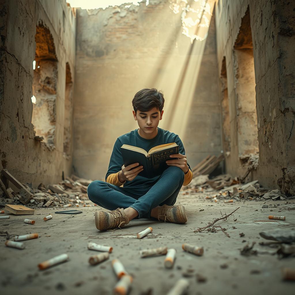 A young person sitting in a dilapidated ruin, surrounded by broken walls and debris