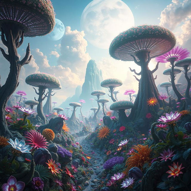 A surreal alien planet filled with fantastical, vibrant plants