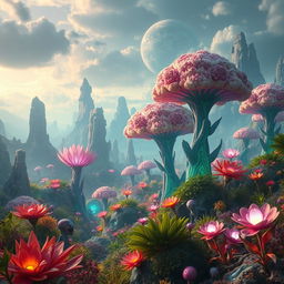 A surreal alien planet filled with fantastical, vibrant plants