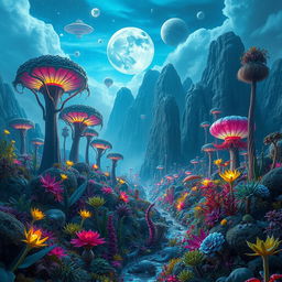 A surreal alien planet filled with fantastical, vibrant plants