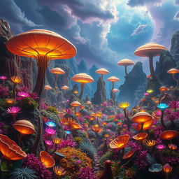 A surreal alien planet filled with fantastical, vibrant plants
