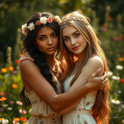 A poignant and evocative artistic representation of two young women symbolizing peace, embracing lovingly in a beautiful natural setting, emphasizing unity and connection