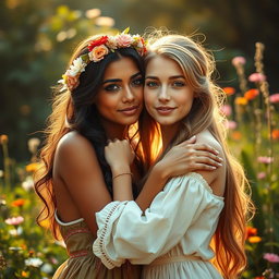 A poignant and evocative artistic representation of two young women symbolizing peace, embracing lovingly in a beautiful natural setting, emphasizing unity and connection