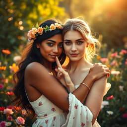 A poignant and evocative artistic representation of two young women symbolizing peace, embracing lovingly in a beautiful natural setting, emphasizing unity and connection
