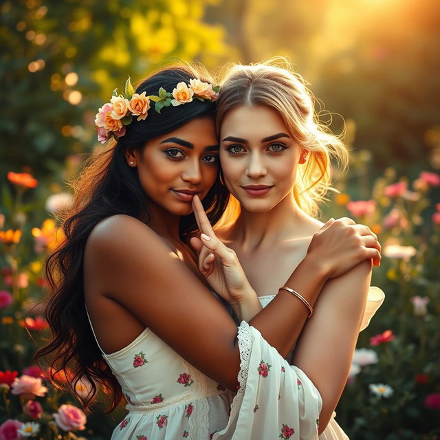 A poignant and evocative artistic representation of two young women symbolizing peace, embracing lovingly in a beautiful natural setting, emphasizing unity and connection