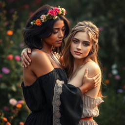 A poignant and evocative artistic representation of two young women symbolizing peace, embracing lovingly in a beautiful natural setting, emphasizing unity and connection