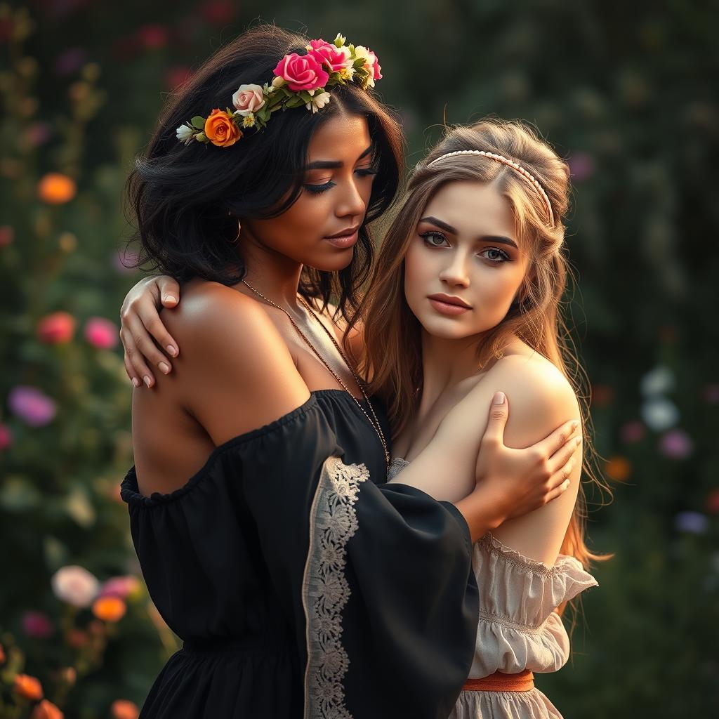 A poignant and evocative artistic representation of two young women symbolizing peace, embracing lovingly in a beautiful natural setting, emphasizing unity and connection