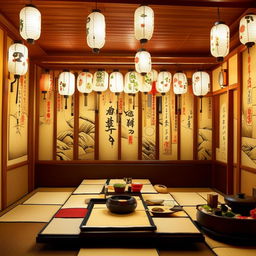 A quaint and cozy Japanese restaurant with warm lantern lighting illuminating an array of sushi plates, traditional tatami mats, and Japanese artwork adorning the walls.