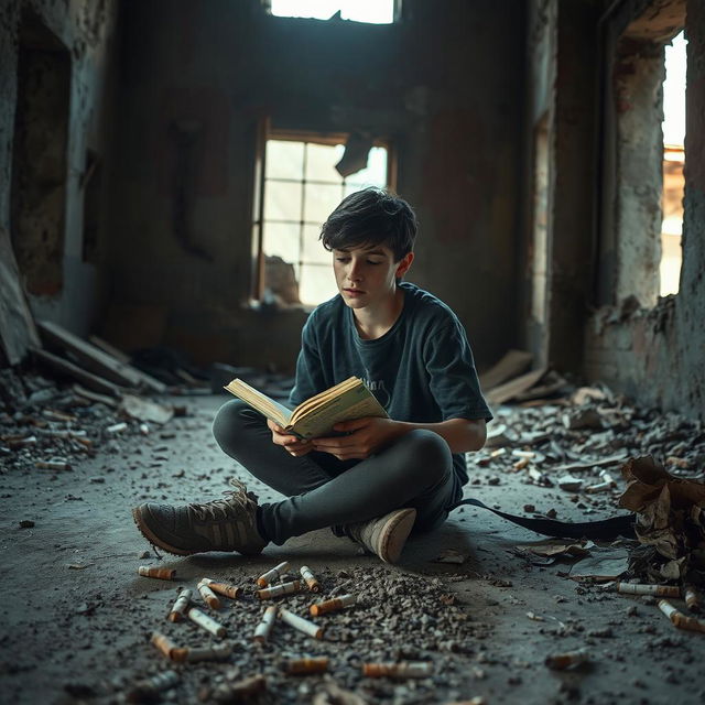 A teenager sitting in a ruined building, surrounded by debris and crumbling walls