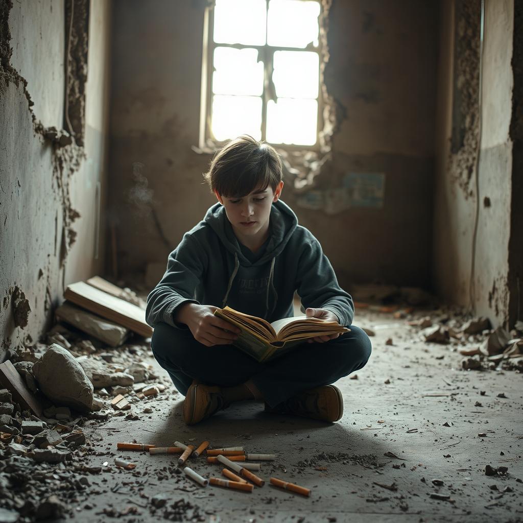 A teenager sitting in a ruined building, surrounded by debris and crumbling walls