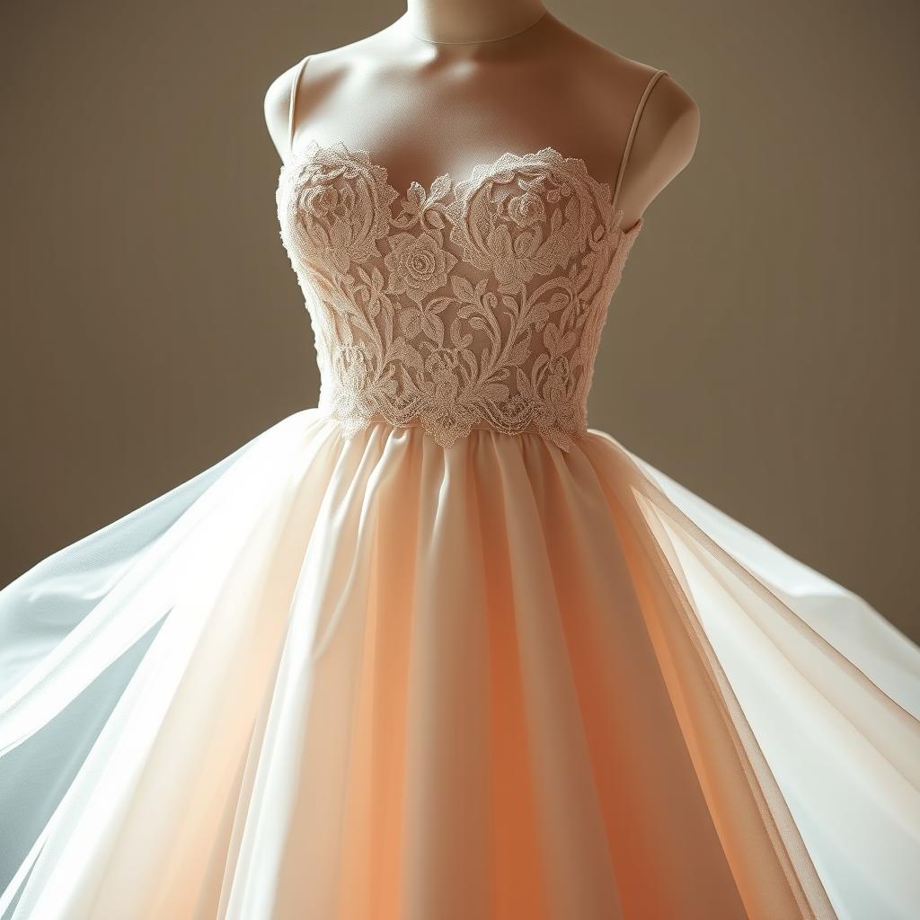 An elegant dress design featuring a beautiful skirt that retains its original flowing style, while the waistline is enhanced with a more intricate and stylish lace