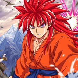 A powerful and dynamic character inspired by anime, resembling a warrior with long, flowing red hair that cascades down in sharp, spiky locks