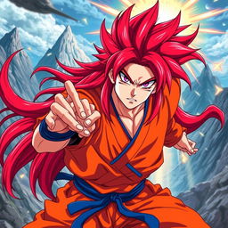 A powerful and dynamic character inspired by anime, resembling a warrior with long, flowing red hair that cascades down in sharp, spiky locks