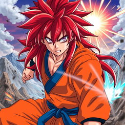 A powerful and dynamic character inspired by anime, resembling a warrior with long, flowing red hair that cascades down in sharp, spiky locks