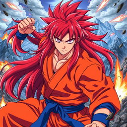 A powerful and dynamic character inspired by anime, resembling a warrior with long, flowing red hair that cascades down in sharp, spiky locks