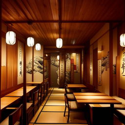 A quaint and cozy Japanese restaurant with warm lantern lighting illuminating an array of sushi plates, traditional tatami mats, and Japanese artwork adorning the walls.