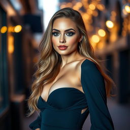 A young woman with a confident expression, showcasing her curvy figure and wearing a stylish, deep-cut dress that accentuates her cleavage