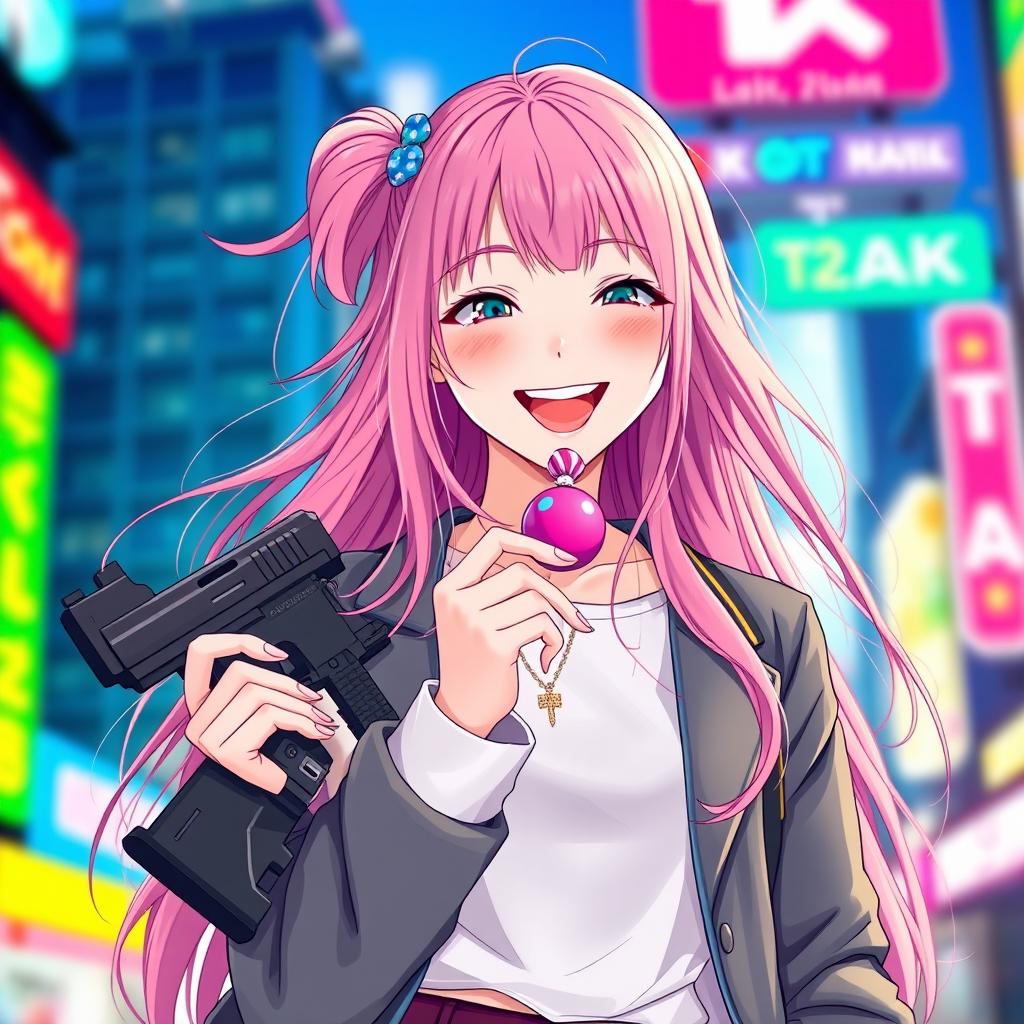 A beautiful Japanese girl with long flowing pink hair, styled fashionably, wearing trendy modern clothes that reflect a vibrant urban style