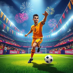 An animated scene featuring a dynamic portrayal of Cristiano Ronaldo in a vibrant soccer stadium