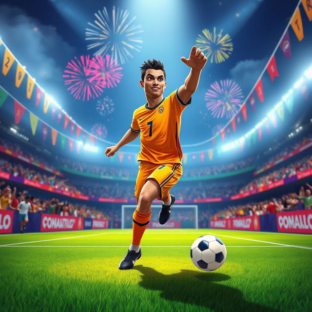 An animated scene featuring a dynamic portrayal of Cristiano Ronaldo in a vibrant soccer stadium