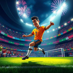An animated scene featuring a dynamic portrayal of Cristiano Ronaldo in a vibrant soccer stadium