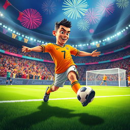 An animated scene featuring a dynamic portrayal of Cristiano Ronaldo in a vibrant soccer stadium